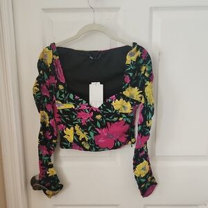 Zara Black Floral Sweetheart Neck Crop Top with Pink & Yellow Blooms